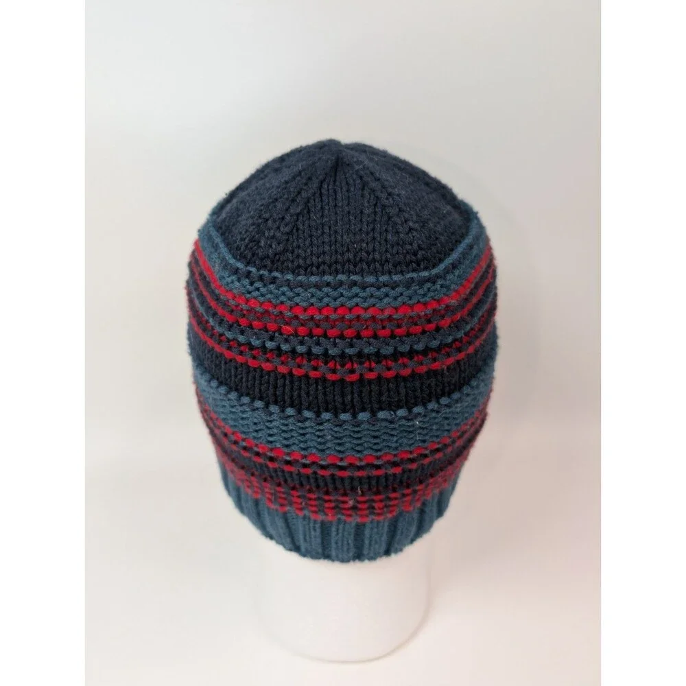 Columbia Knit Beanie Hat Blue Red Striped Fleece Lined Unisex Winter Cap